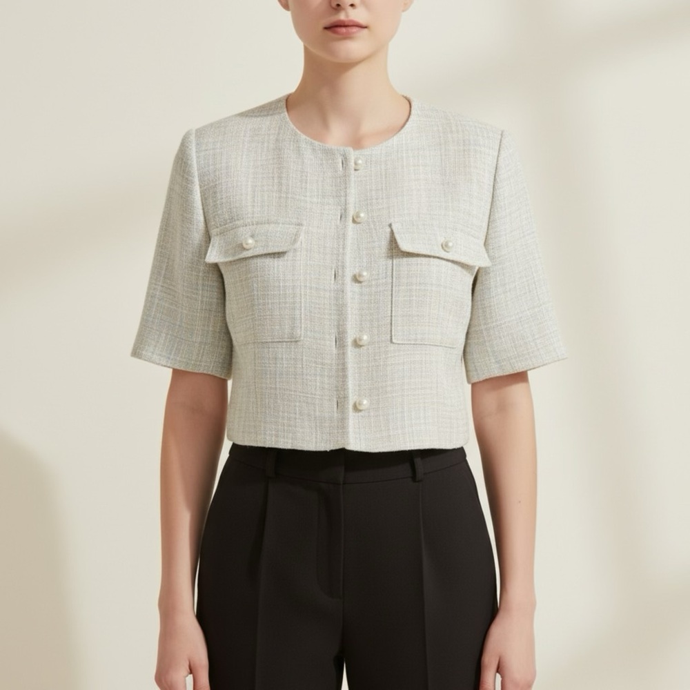 Love Bonito Women’s Short Sleeve Tweed Crop Top in Cream Sz 2